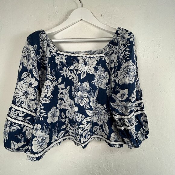 C&C California Womens Blue and White Floral Square Neck Linen Top Blouse Large - Picture 1 of 8
